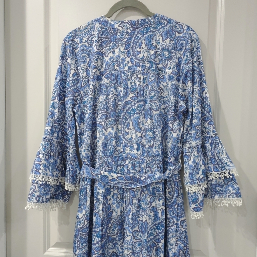 Cottage Core Blue White Paisley Dress Lace Trim, Bell Sleeves, Tiered Hem - Picture 12 of 16